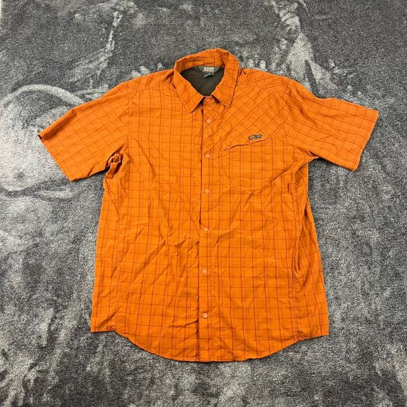 Outdoor Research Astroman Sun Shirt Plaid Orange Short Sleeve Mens L Snap Button - Picture 1 of 12